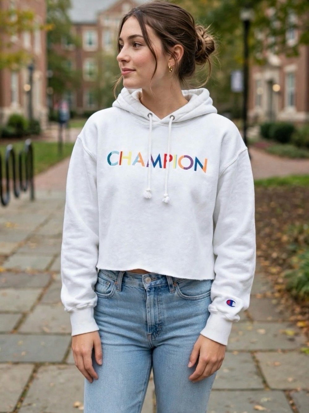 Champion White Cropped Hoodie with Multicolor Logo Size M